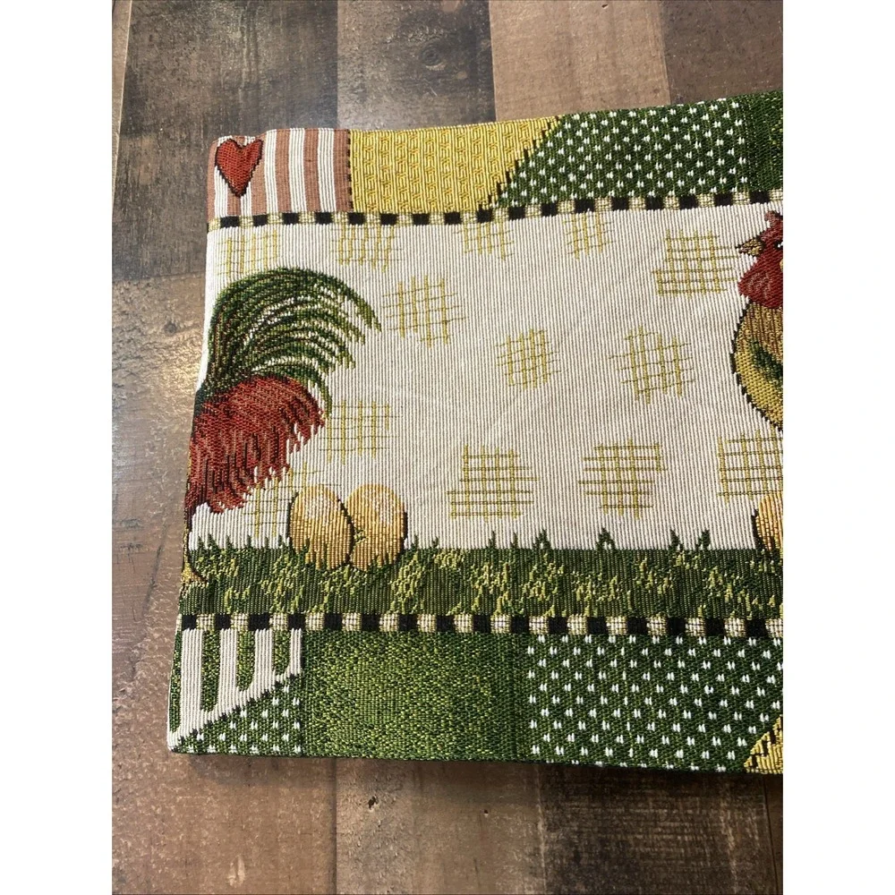 Vtg 90s Rooster Tapestry Table‎ Runner Patchwork Hearts Country Farmhouse Woven